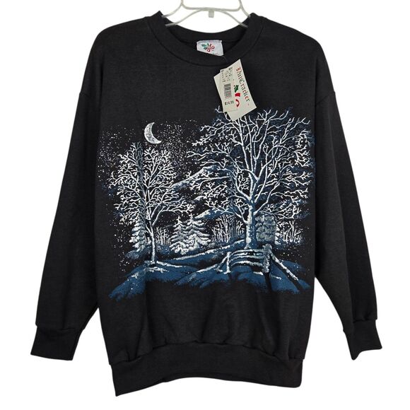 Vtg NutCracker Sweatshirt M Puff Print Winter Trees Landscape Black Silver NWT - Picture 1 of 8